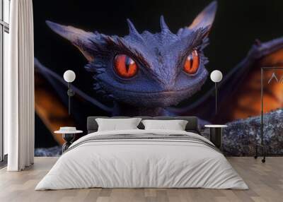  A dragon, its red eyes gleaming intently, perches on a tree branch Background softly blurred Wall mural