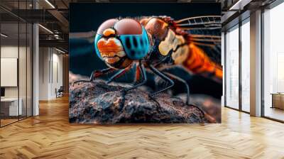  A dramatic close-up of a dragonfly perched atop a rock against a dark background Wall mural