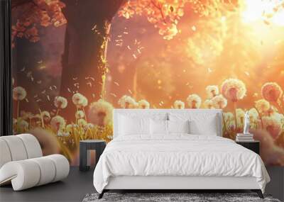   A field filled with dandelions, sun shining through trees, wind blowing grass Wall mural