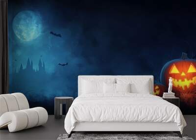  A field of jack-o-lantern pumpkins beneath a full moon Wall mural