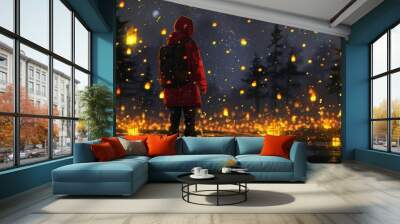   A figure in a red coat stands before an array of yellow lanterns against the dark night sky Wall mural