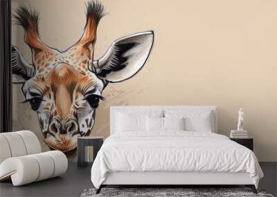  A giraffe's head up-close against a beige backdrop, featuring a distinct brown spot ..Or, for a more concise version: Wall mural