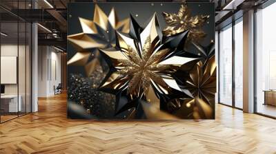  a gold and black snowflake is shown in the air with gold stars around the snowflakes and snow flakes on the ground.  generative ai Wall mural