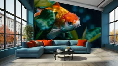  A goldfish, closely framed, swims near aquatic plants beneath its head in the fish tank Wall mural