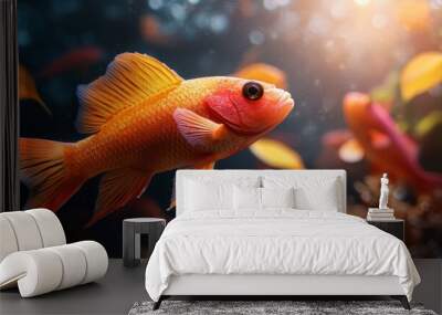  A goldfish, tightly framed, swims against clear water amidst companion fish Sunlight filters in, illuminating ripples Wall mural