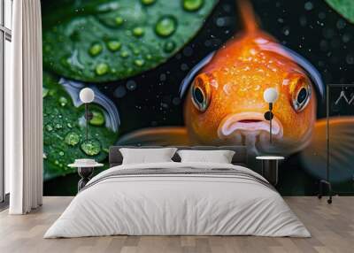  A goldfish in focus, drops of water clinging to its face, green plant visible behind Wall mural