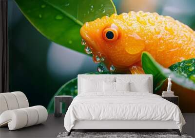  A goldfish up-close on a submerged leaf, surrounded by water droplets on its head and eyes Wall mural