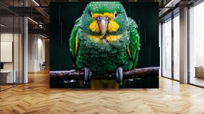  A green and yellow bird perched on a tree branch, raindrops beading on its wings Wall mural