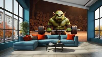  a green troll is lifting a barbell in front of a pile of logs in a dark room with light coming from the ceiling and a spotlight on the floor. Wall mural