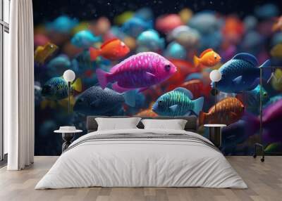  a group of colorful fish swimming in a large tank of water.  generative ai Wall mural