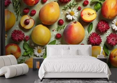  a group of fruit sitting on top of a table next to a bunch of flowers and a couple of peaches on top of a counter top of a table. Wall mural