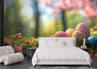  a group of painted easter eggs sitting on top of a lush green grass covered field next to a forest filled with pink and yellow flowers on a sunny spring day. Wall mural