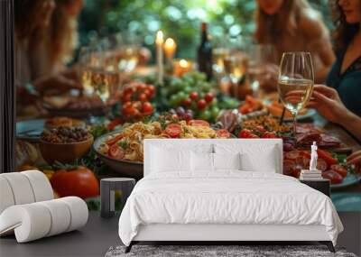  a group of people sitting around a table with plates of food and a glass of wine in front of them. Wall mural