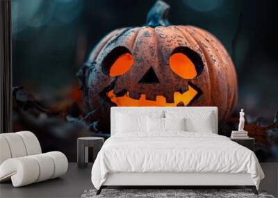  A jack-o-lantern gleams in the dark with its glowing face Wall mural