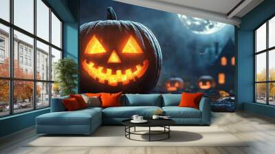  A jack-o-lantern pumpkin glows in the darkness with a full moon as its backdrop Wall mural