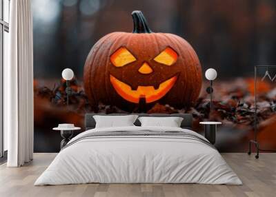  A jack-o-lantern pumpkin sits in the midst of a leaf-covered field, trees forming the background Wall mural