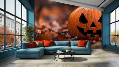  A jack-o-lantern pumpkin sits in the midst of a leafy field, its face carved with a jack-o-lantern design Wall mural