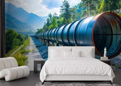   A large pipe rests beside a forest road, flanked by mountains in the distance Wall mural