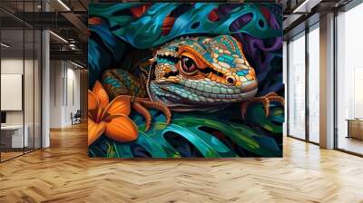  A lizard hiding beneath a green, leafy plant with a floral foreground Wall mural