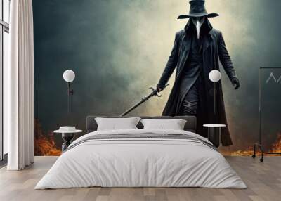  a man in a long coat and top hat is holding a sword in front of a blazing background of smoke and fire on a dark background with a black coat. Wall mural