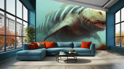  A man stands next to a large fish on a body of water with its mouth agape Wall mural