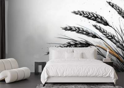  A monochrome image of wheat bundles against a pristine white backdrop, featuring a droplet of water as an accent Wall mural