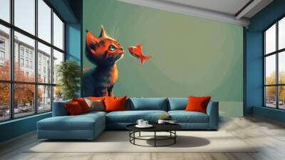  A painting of a cat holding a larger fish in its mouth, with a smaller fish inside Wall mural