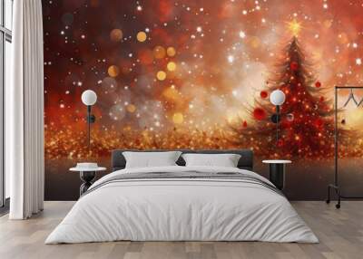  a painting of a christmas tree in the middle of a field of gold and red lights with a star on top of it. Wall mural