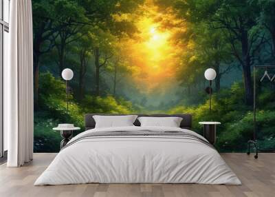  a painting of a path in the middle of a forest with a bright light coming through the trees on either side of the path is a dirt road with grass and flowers on both sides. Wall mural