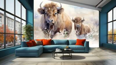  a painting of two brown cows standing in a snowy field.  generative ai Wall mural