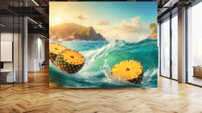  a painting of two pineapples in the middle of a wave in front of a tropical island with palm trees on the other side of the water and a mountain in the distance. Wall mural