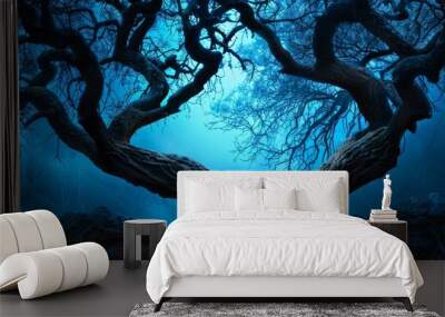  A painting of two trees, situated in a forest's heart, bathed in a blue glow from their ends Wall mural