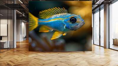  A photo of a single blue-yellow fish amidst coral, surrounded by water and other corals Wall mural