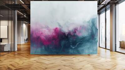   A pink and blue abstract painting on a white and grey backdrop featuring a black and pink design on its left side Wall mural