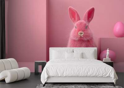   A pink bunny atop a pink floor, surrounded by pink balls and a block of pink paper Wall mural