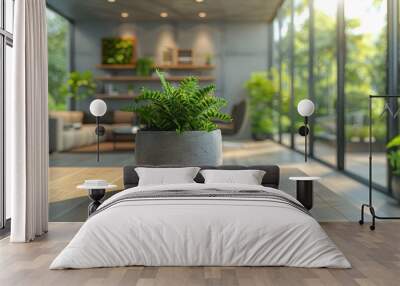   A potted plant sits atop a wooden table, before a living room filled with numerous windows Wall mural