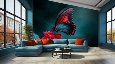  A red-and-black butterfly perches on a red flower, its wings adorned with green leaves at the base Wall mural