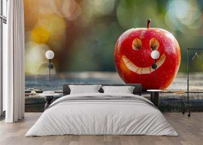   A red apple, sporting a smile, sits on a weathered wooden table against a softly blurred backdrop Wall mural