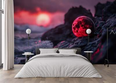  A red ball atop a rock by a body of water during sunset Wall mural