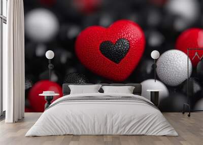  A red heart encircled by white and black balls A heart in red hue with a black core surrounded by white and black orbs Wall mural