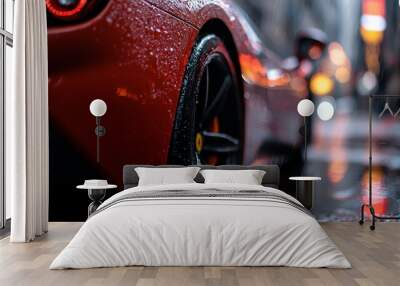  A red sports car, bathed in rain, parks curbside with a red beacon glowing Wall mural