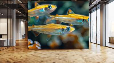  A school of tiny, golden fish swimming around an anemone surrounded by vibrant coral reefs Wall mural