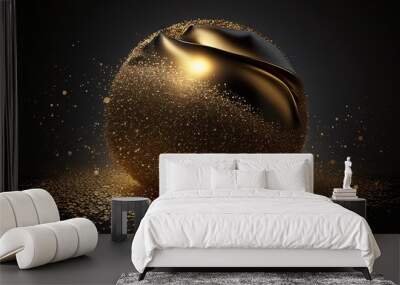  a shiny gold ball with a black background and some gold flecks on the ground and a black background with a black background and gold flecks.  generative ai Wall mural