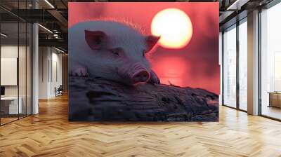  A small pig atop a log by a tranquil body of water, sun casting golden light behind Wall mural