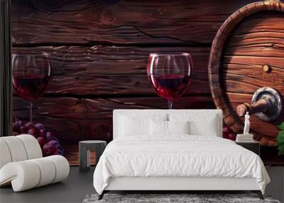  A table bears two glasses of wine, a barrel nearby, and a cluster of grapes A bottle of wine completes the scene Wall mural