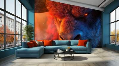  A tight shot of a bison's face with red light emanating from its eyes and horns Wall mural