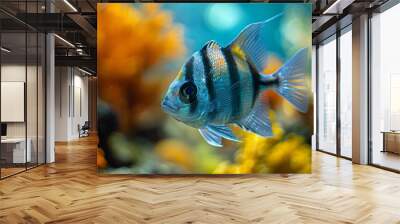   A tight shot of a blue-and-white fish against an aquarium backdrop, adorned with yellow and orange corals Wall mural