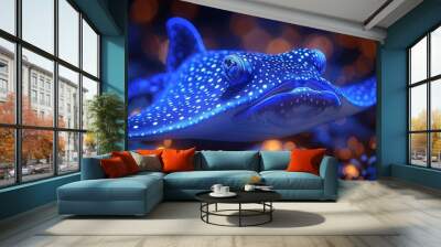   A tight shot of a Blue Stingfish, its body adorned with numerous dots, against a backdrop of numerous glowing lights Wall mural