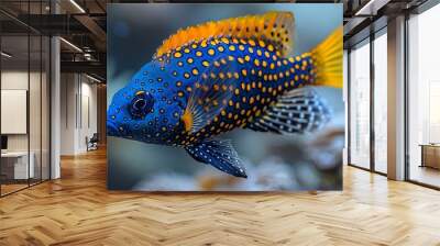   A tight shot of a blue-yellow fish sporting orange dots against its body, set before a coral backdrop Wall mural