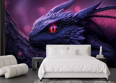  A tight shot of a dragon perched on a tree branch, its eyes and head bathed in red light Wall mural